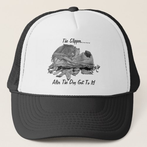 Humorous torn dog slipper drawing still life art trucker hat