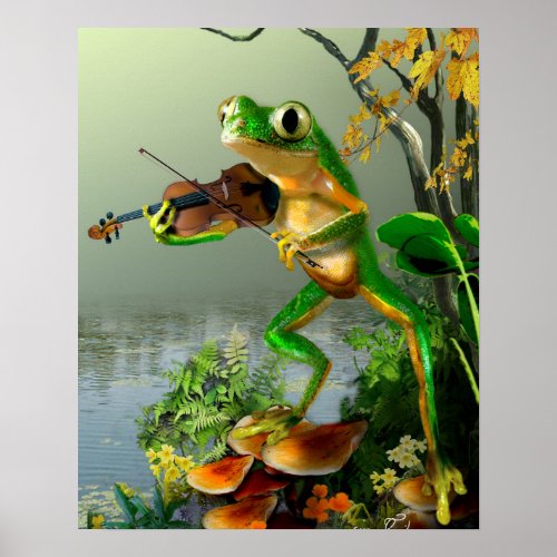 Humorous Tree Frog Playing a Fiddle Poster