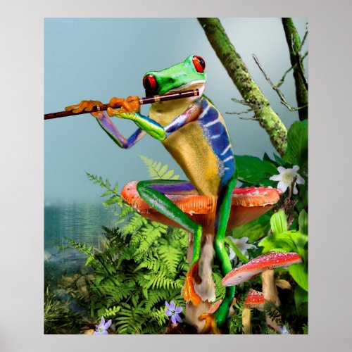 Humorous Tree Frog Playing the Flute Poster