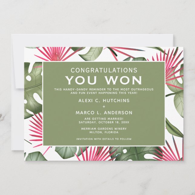 Humorous Tropical Wedding Save the Date Card (Front)
