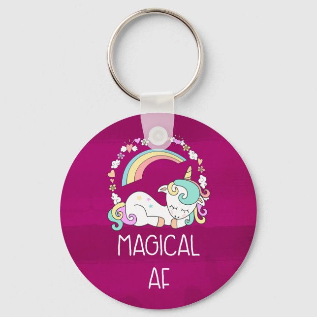 Humorous Unicorn Magical AF on Dark Red Pattern Keychain (Front)