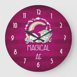 Humorous Unicorn Magical AF on Dark Red Pattern Large Clock