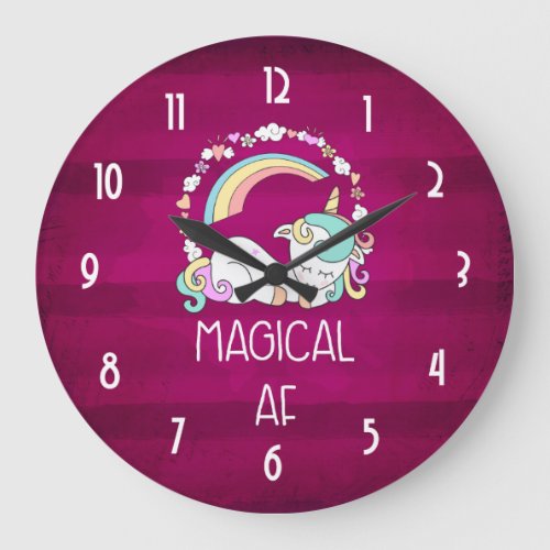 Humorous Unicorn Magical AF on Dark Red Pattern Large Clock