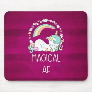 Humorous Unicorn Magical AF on Dark Red Pattern Mouse Pad