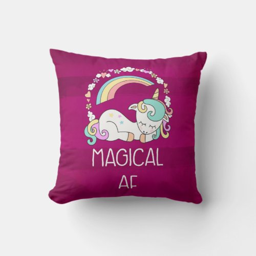 Humorous Unicorn Magical AF on Dark Red Pattern Throw Pillow