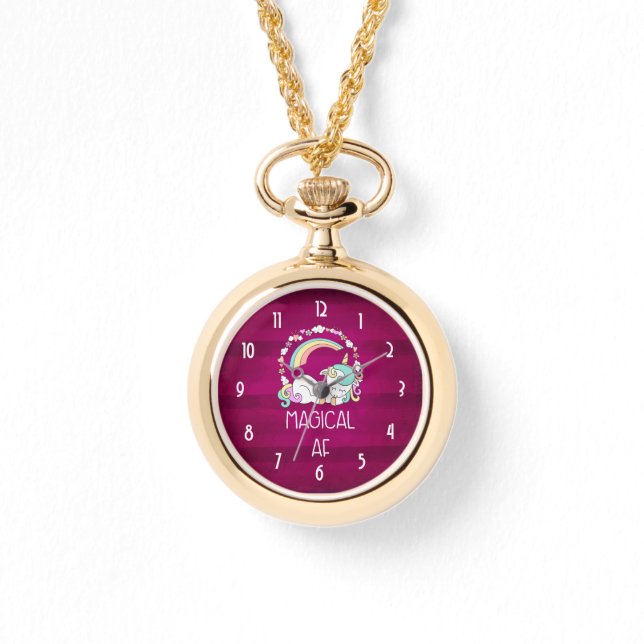 Humorous Unicorn Magical AF on Dark Red Pattern Watch (Front)