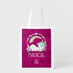 Humorous Unicorn Magical AF on Pinkish Red Patter Grocery Bag