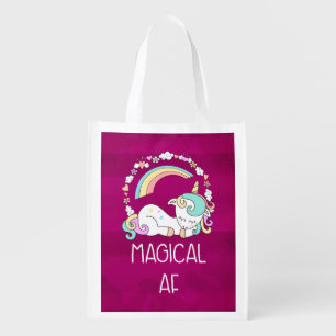 Humorous Unicorn Magical AF on Pinkish Red Patter Grocery Bag