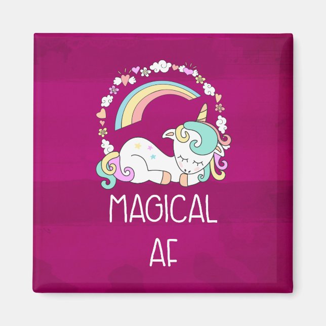 Humorous Unicorn Magical AF on Pinkish Red Pattern Magnet (Front)