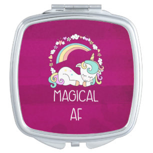 Humorous Unicorn Magical AF on Pinkish Red Pattern Vanity Mirror