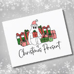 Humorous Unique Cute Funny Christmas Postcard<br><div class="desc">Explore this delightful 'Ghost of Christmas Present' print, which cleverly pays homage to a beloved movie classic. This charming design features a cute lovable Christmas ghost donning a festive pink Santa hat and surrounded by an abundance of beautifully wrapped Christmas presents. The color palette includes a cheerful mix of reds,...</div>