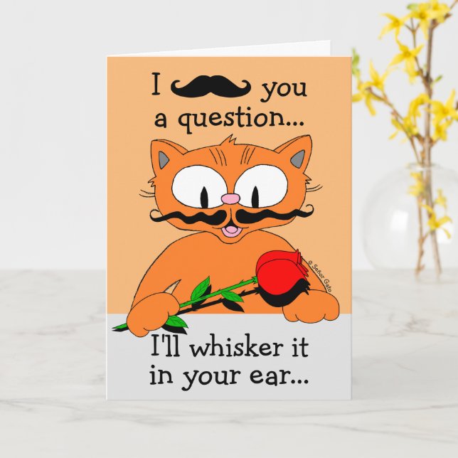 Humorous Valentines Day Card Mustache Cat (Yellow Flower)