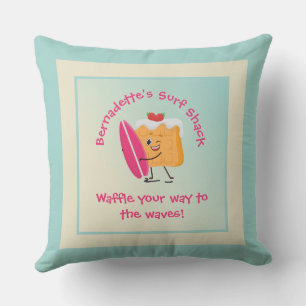Humorous Waffle Surfer with Surfboard Name Text Outdoor Pillow