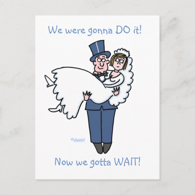 Humorous Wedding Postponement Announcement Cartoon Postcard (Front)