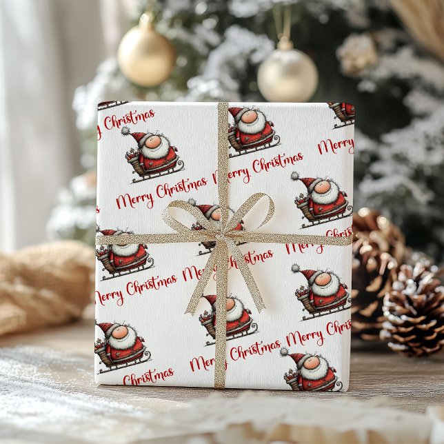 Humorous Whimsy Santa Hand Drawn Wrapping Paper (Whimsy Funny Santa Claus Cartoon Wrapping Paper)