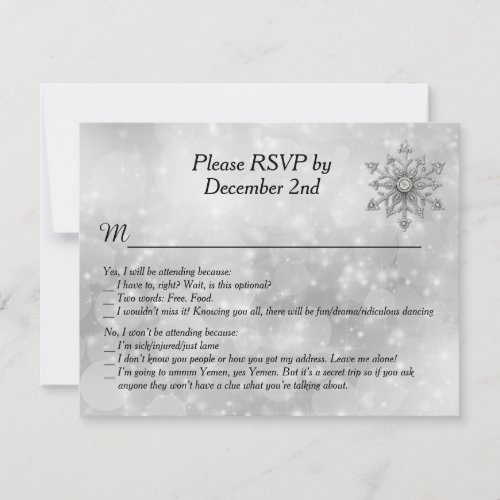 Humorous Winter Snowflake Wedding RSVP Card