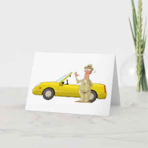 Humorous Yellow Car with Retro Gentleman  Letterpress Thank You Card
