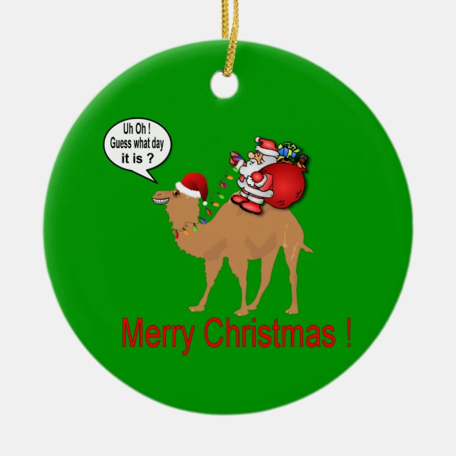 Hump Day Camel with Santa Claus Ceramic Ornament (Front)