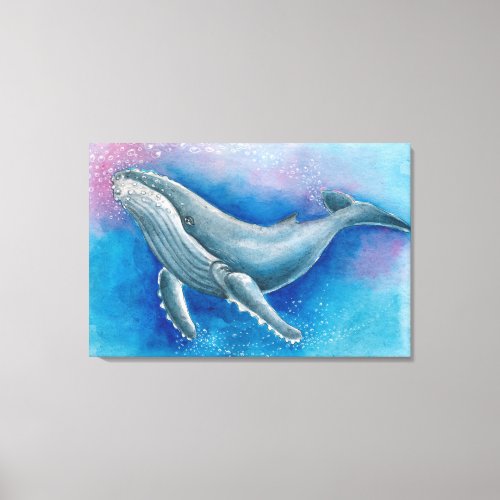 Humpback Blue Whale Bubbles Watercolor Canvas Print