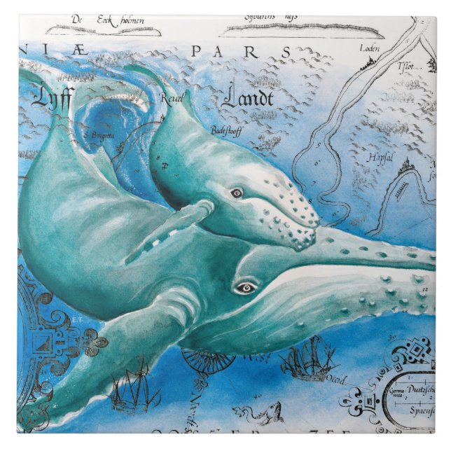 Humpback Family Vintage Map Ceramic Tile (Front)