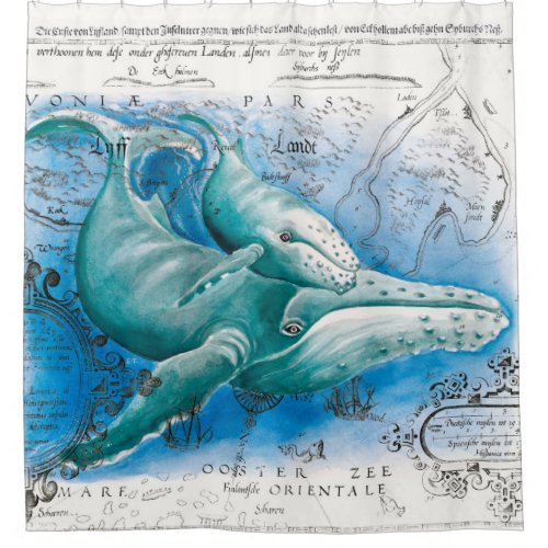 Humpback Family Vintage Map Shower Curtain