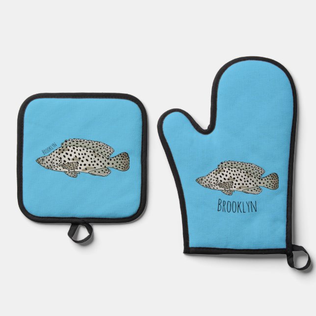 Humpback grouper fish cartoon illustration  oven mitt & pot holder set (Front)