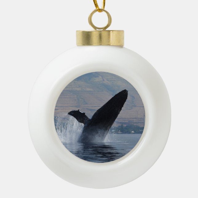 humpback whale breach ceramic ball christmas ornament (Front)