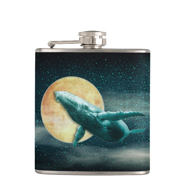 Humpback Whale Flying to The Moon Wrapped Flask (Front)