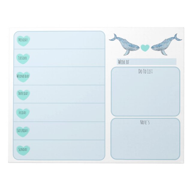 Humpback Whale Heart Weekly Planner  Notepad (Front)