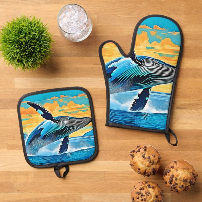 Humpback Whale Ocean Freedom Jump Design Oven Mitt & Pot Holder Set (Top Down)