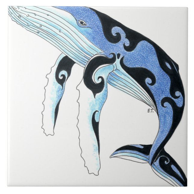 Humpback Whale Tribal Spirit Blue Art Ceramic Tile (Front)