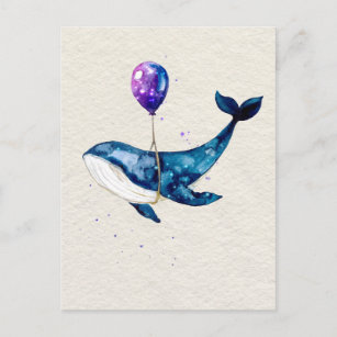 Humpback Whale With Purple Balloon Watercolor Art Postcard