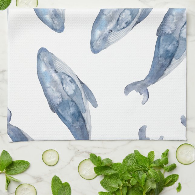 Humpback Whales in Watercolor Kitchen Towel (Folded)