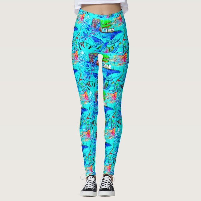 humpback whales swimming blue leggings (Front)
