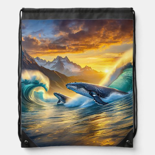 Humpbacks at Sunset Design by rich AMeN Gill Drawstring Bag