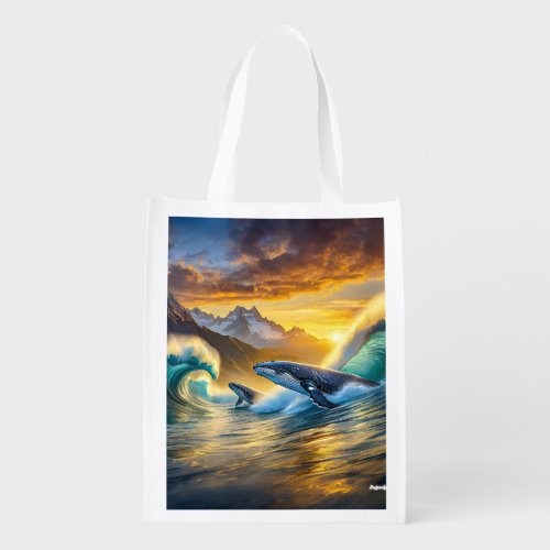 Humpbacks at Sunset Design by rich AMeN Gill Grocery Bag