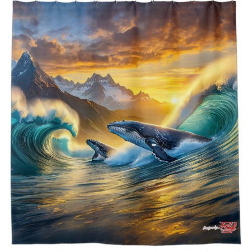 Humpbacks At Sunset Design by Rich AMeN Gill Shower Curtain
