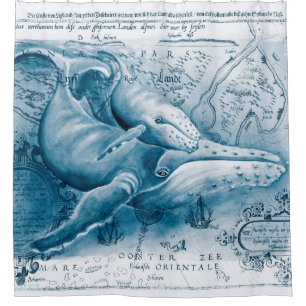 Humpbacks Blue Vintage Map Shower Curtain