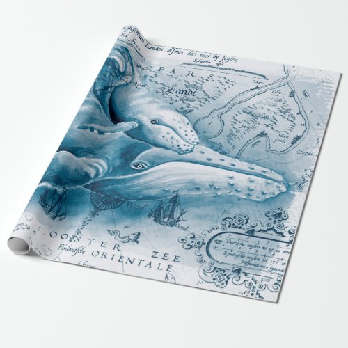 Humpbacks Blue Vintage Map Wrapping Paper
