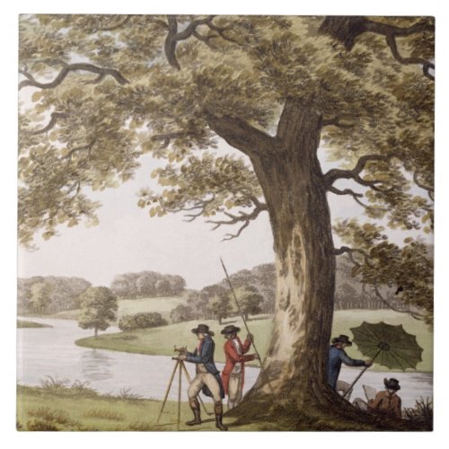 Humphrey Repton surveying with a Theodolite colou Ceramic Tile