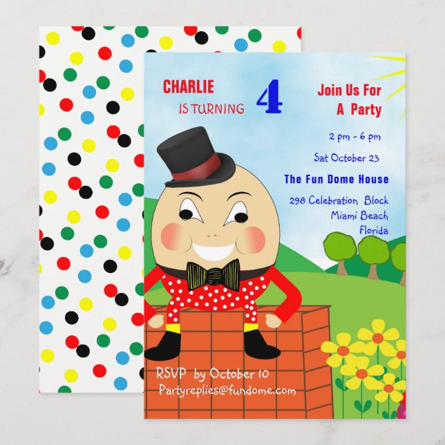Humpty Dumpty Themed Kids Birthday Party Editable Invitation (Front/Back)