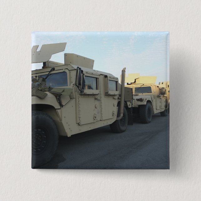 Humvees sit on the pier at Morehead City Pinback Button (Front)