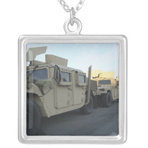 Humvees sit on the pier at Morehead City Silver Plated Necklace