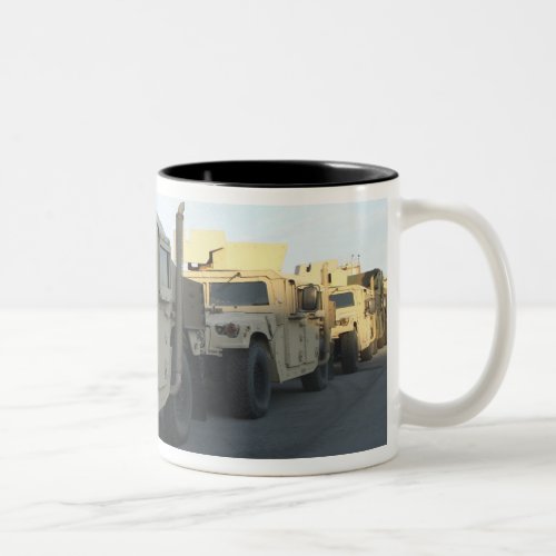 Humvees sit on the pier at Morehead City Two_Tone Coffee Mug