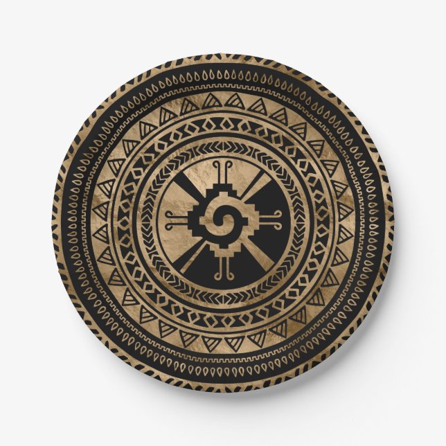 Hunab Ku Mayan symbol black and gold Paper Plates (Front)