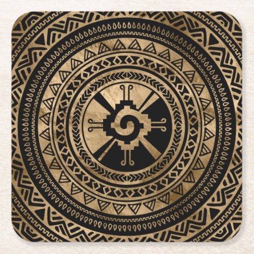 Hunab Ku Mayan symbol black and gold Square Paper Coaster