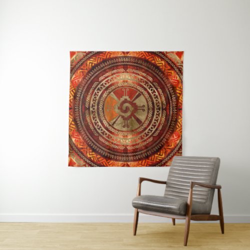 Hunab Ku Mayan symbol Burnt Orange and Gold Tapestry