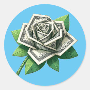 hundred dollar bills origami rose art classic round sticker