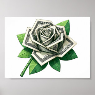hundred dollar bills origami rose art poster
