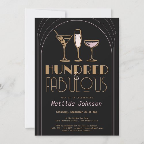 Hundred Fabulous Cocktail Gold Black Birthday Invitation